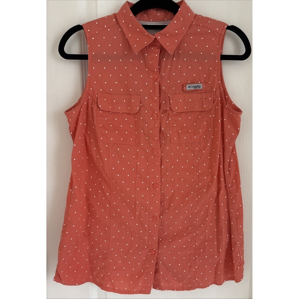 Columbia PFG Women's Vented Fishing Sleeveless Top Button Up Coral Polka Dots M